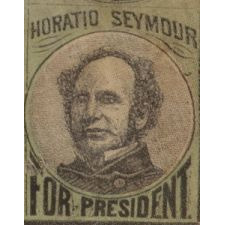 EXTREMELY RARE PARADE FLAG WITH RARE CIRCLE-IN-A-SQUARE STAR CONFIGURATION, MADE FOR THE 1868 PRESIDENTIAL CAMPAIGN OF HORATIO SEYMOUR AND FRANCIS PRESTON BLAIR, JR., WITH HIGHLY UNUSUAL GRAPHICS THAT INCLUDE A "GREENBACK" DOLLAR WITH SEYMOUR'S PORTRAIT