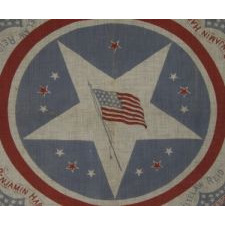CAMPAIGN KERCHIEF MADE TO SUPPORT THE 1892 PRESIDENTIAL RUN OF BENJAMIN HARRISON AND WHITELAW REID, WITH PATRIOTIC IMAGERY AND PROTECTION TO HOME INDUSTRIES SLOGAN