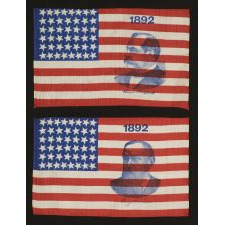 MATCHING PAIR OF PRINTED SILK PORTRAIT FLAGS FROM THE 1892 PRESIDENTIAL RACE OF GROVER CLEVELAND vs. BENJAMIN HARRISON
