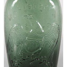 "LIBERTY" EAGLE FLASK IN BRIGHT BLUE GREEN, WILLINGTON GLASS WORKS, WILLINGTON, CONNECTICUT, 1860-1873