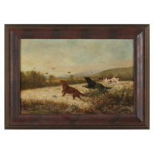 UPLAND BIRD HUNTING SCENE WITH TWO SETTERS AND A POINTER, ENTITLED "TOO FAST" BY N. H. TROTTER (1827-1898), PHILADELPHIA, OIL ON CANVAS, SIGNED AND DATED 1888