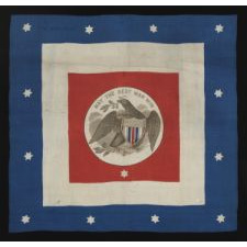RARE NON-PARTISAN POLITICAL KERCHIEF, MADE FOR A CAMPAIGN RALLY IN THE PERIOD BETWEEN 1852 AND 1860, WITH A DYNAMIC EAGLE THAT BECKONS FOR CONTINUED PEACE AND 13 SIX-POINTED STARS