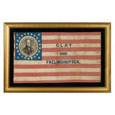 RARE HENRY CLAY CAMPAIGN PARADE FLAG WITH PORTRAIT IN OAK LEAF & GEAR COG MEDALLION, 26 STARS, 1844