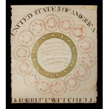 REMARKABLE PATRIOTIC SCHOOLCHILD WATERCOLOR BY MORRIS TWITCHELL, ILLUSTRATING A MODIFICATION OF BENJAMIN FRANKLIN’S 1776 DRAWING OF THE ORIGINAL 13 COLONIES AS CONJOINED RINGS, TO INCLUDE A 14TH RING FOR VERMONT, 1791-1792