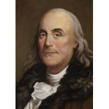 OIL ON CANVAS PORTRAIT OF BENJAMIN FRANKLIN AFTER DUPLESSIS, CA 1800-1830, IN A FANTASTIC GILDED AMERICAN FRAME OF THE SAME PERIOD OR PRIOR