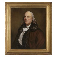 OIL ON CANVAS PORTRAIT OF BENJAMIN FRANKLIN AFTER DUPLESSIS, CA 1800-1830, IN A FANTASTIC GILDED AMERICAN FRAME OF THE SAME PERIOD OR PRIOR