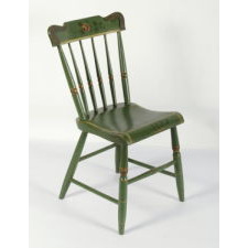 SET OF 6, GREEN, PLANK-SEATED, SPINDLE-BACK, PAINT-DECORATED, PENNSYLVANIA CHAIRS, CA 1845-70