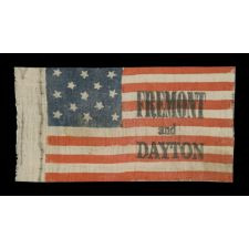 RARE, DIMINUTIVE, CAMPAIGN PARADE FLAG WITH 13 STARS, MADE IN 1856 FOR JOHN FRÉMONT & WILLIAM DAYTON, ONE-OF-A-KIND AMONG KNOWN EXAMPLES. FRÉMONT OPENED THE GATEWAY TO CALIFORNIA STATEHOOD AND WAS THE REPUBLICAN PARTY’S FIRST PRESIDENTIAL CANDIDATE