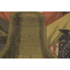 PATRIOTIC BANNER MADE FOR THE 1876 CENTENNIAL INTERNATIONAL EXPOSITION IN PHILADELPHIA,WITH AN EAGLE CARRYING THE LIBERTY BELL, SURROUNDED BY 13 STARS, FLANKED BY PATRIOTIC PHRASES, WITH A BORDER OF 38 STARS
