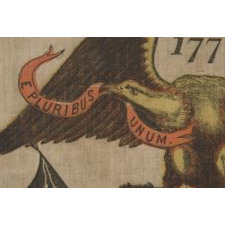 PATRIOTIC BANNER MADE FOR THE 1876 CENTENNIAL INTERNATIONAL EXPOSITION IN PHILADELPHIA,WITH AN EAGLE CARRYING THE LIBERTY BELL, SURROUNDED BY 13 STARS, FLANKED BY PATRIOTIC PHRASES, WITH A BORDER OF 38 STARS