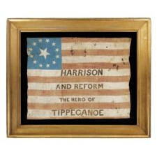 ONE OF THE EARLIEST KNOWN PARADE FLAGS: A RARE EXAMPLE FROM THE 1840 PRESIDENTIAL CAMPAIGN OF WILLIAM HENRY HARRISON, WITH 13 STARS IN A 3RD MARYLAND PATTERN, NICKNAME AND PLATFORM SLOGAN