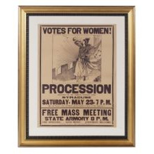 RARE SUFFRAGETTE BROADSIDE ADVERTISING A 1914 MARCH AND SUBSEQUENT RALLY IN SYRACUSE, NEW YORK ORGANIZED BY THE NYC-BASED WOMEN'S POLITICAL UNION, THE ONLY KNOWN EXAMPLE IN THIS STYLE