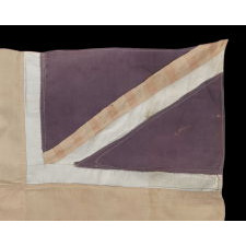 PAIR OF LIBERATION FLAGS, MADE IN FRANCE TO CELEBRATE THE ARRIVAL OF U.S. AND BRITISH TROOPS FOLLOWING LIBERATION FROM THE NAZIS DURING WWII, NOTE THE STAR OF DAVID-SHAPED PROFILES ON THE AMERICAN EXAMPLE AND THE USE OF THE SAME CANDY-STRIPED FABRIC IN BOTH FLAGS, CA 1944