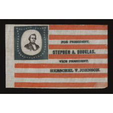 PORTRAIT STYLE PARADE FLAG MADE FOR THE 1860 CAMPAIGN OF NORTHERN DEMOCRATS STEPHEN DOUGLAS & HERSCHEL JOHNSON, WITH A RARE AND BEAUTIFUL SHIELD-SHAPED MEDALLION OF 44 STARS