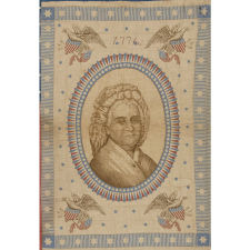EXCEPTIONAL 1876 QUILT FEATURING THE IMAGES OF GEORGE & MARTHA WASHINGTON, MADE FROM PATRIOTIC TEXTILES AND FLAGS THAT WERE PROBABLY ACQUIRED IN PHILADELPHIA AT THE CENTENNIAL INTERNATIONAL EXHIBITION