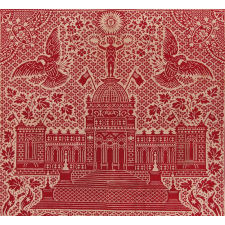 RED & WHITE COVERLET, MADE FOR THE 1876 CENTENNIAL EXPOSITION IN PHILADELPHIA, FEATURING MEMORIAL HALL ART MUSEUM