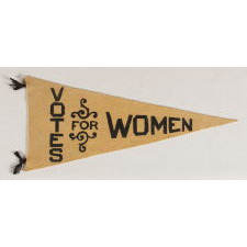 TRIANGULAR FELT SUFFRAGETTE PENNANT WITH AN INTERESTING DESIGN AND TEXT THAT READS: "VOTES FOR WOMEN", 1910-1920