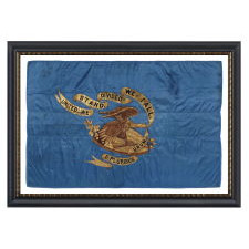 CIVIL WAR REGIMENTAL FLAG WITH A DRAMATIC WARTIME EAGLE AND PATRIOTIC TEXT THAT READS: "UNITED WE STAND, DIVIDED WE FALL," HAND-GILDED AND PAINTED ON CORNFLOWER BLUE SILK, 1861-65