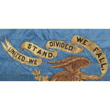 CIVIL WAR REGIMENTAL FLAG WITH A DRAMATIC WARTIME EAGLE AND PATRIOTIC TEXT THAT READS: "UNITED WE STAND, DIVIDED WE FALL," HAND-GILDED AND PAINTED ON CORNFLOWER BLUE SILK, 1861-65