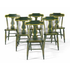 SET OF 6, GREEN, PLANK-SEATED, LYRE BACK, PENNSYLVANIA CHAIRS WITH YELLOW STRIPING, CA 1850-1880