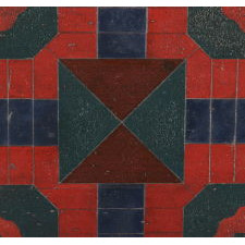 AMERICAN PARCHEESI BOARD WITH TERRIFIC DESIGN AND BEAUTIFUL, POLYCHROME-PAINTED SURFACE IN RED, GREEN, AND BLUE, CA 1870-1880