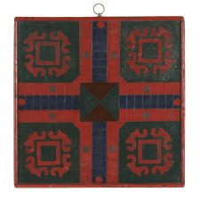 AMERICAN PARCHEESI BOARD WITH TERRIFIC DESIGN AND BEAUTIFUL, POLYCHROME-PAINTED SURFACE IN RED, GREEN, AND BLUE, CA 1870-1880