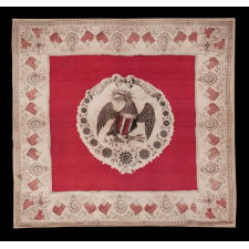 RARE, SILK, PATRIOTIC KERCHIEF WITH A DYNAMIC EAGLE AND 13 MARINER'S COMPASS-TYPE STARS, MADE CA 1840, ONE OF ONLY TWO KNOWN EXAMPLES IN THIS UNDOCUMENTED STYLE