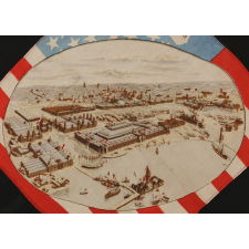 SILK KERCHIEF WITH A BIRD'S EYE VIEW OF THE WORLD COLUMBIAN EXPOSITION (CHICAGO WORLD'S FAIR), SET AGAINST AN AMERICAN FLAG BACKDROP, 1892-1893