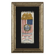 PATRIOTIC RIBBON WITH ILLUSTRATIONS OF COLUMBUS' LANDING AND A 44 STAR FLAG WITH A BEAUTIFUL MEDALLION CONFIGURATION, 1892