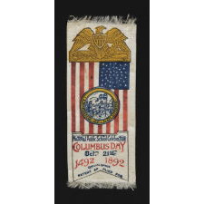 PATRIOTIC RIBBON WITH ILLUSTRATIONS OF COLUMBUS' LANDING AND A 44 STAR FLAG WITH A BEAUTIFUL MEDALLION CONFIGURATION, 1892