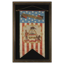 HAND-PAINTED PATRIOTIC BANNER WITH THE SEAL OF THE STATE OF OREGON AND GREAT FOLK QUALITIES, PROBABLY MADE FOR THE 1868 DEMOCRAT NATIONAL CONVENTION IN NEW YORK CITY