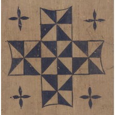 MASTERPIECE QUALITY COMBINATION FOX & GEESE AND MILL GAME BOARD, IN ORIGINAL AND UNTOUCHED RED, OCHRE WHITE AND BLUE PAINT, WITH PINWHEEL QUILT PATTERN DESIGN IN THE CENTER AND A WINDING VINE BORDER, CA 1820-1845, WITH CHECKERS ON THE REVERSE, FRESH-TO-THE-MARKET FROM A TOP DEALER'S OWN COLLECTION