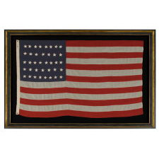 38 HAND-SEWN STARS STITCHED WITH BROWN THREAD TO A STEEL BLUE CANTON, AN ANTIQUE MERICAN FLAG WITH EXCEPTIONAL CONDITION, COLORADO STATEHOOD, 1876-1889