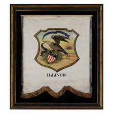 HAND-PAINTED 19TH CENTURY BANNER WITH AN 1867 VERSION OF THE SEAL OF THE STATE OF ILLINOIS, PROPOSED IN THAT YEAR BY THE SECRETARY OF STATE, BUT IN A VARIATION NEVER FORMALLY ADOPTED; LIKELY HAVING REPRESENTED DELEGATES FROM THAT STATE AT THE 1872 REPUBLICAN OR DEMOCRAT NATIONAL CONVENTION [SIMILAR EXAMPLES IDENTIFIED AT BOTH]