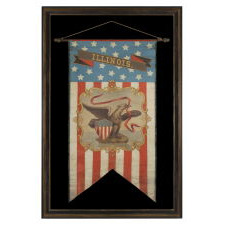 HAND-PAINTED PATRIOTIC BANNER WITH THE SEAL OF THE STATE OF ILLINOIS AND GREAT FOLK QUALITIES, PROBABLY MADE FOR THE 1868 DEMOCRAT NATIONAL CONVENTION IN NEW YORK CITY