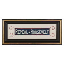 "REPEAL & ROOSEVELT", AN EMBROIDERED ARMBAND SUPPORTING THE REPEAL OF PROHIBITION, 1932