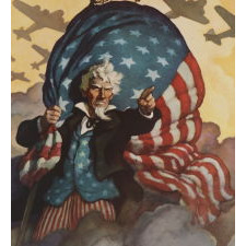STRIKING AND RARE WWII POSTER BY N.C. WYETH, WITH A WINDSWEPT IMAGE OF A FERVANT UNCLE SAM DIRECTING AMERICAN TROOPS TO THE FIGHT
