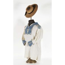 CIVIL WAR PERIOD OR PRIOR NAVYMAN’S FROCK AND JACK TAR HAT WITH ELABORATE PATRIOTIC AND NAUTICAL DECORATION, LIKELY THE BEST EXAMPLES OF EACH TO HAVE SURVIVED IN PRIVATE HANDS