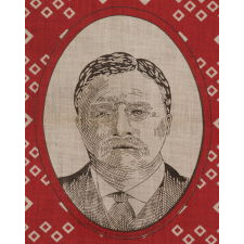 ROOSEVELT BATTLE FLAG KERCHIEF, MADE FOR THE 1912 PRESIDENTIAL CAMPAIGN OF TEDDY ROOSEVELT, WHEN HE RAN ON THE INDEPENDENT, PROGRESSIVE PARTY TICKET, SIGNED "D&C / NY" WITH "UNDERWOOD & UNDERWOOD" IMAGE COPYRIGHT