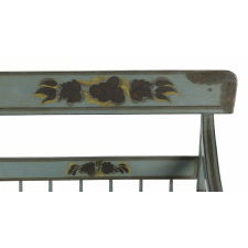 MID-19TH CENTURY, PLANK SEAT, PAINT-DECORATED SETTEE WITH A RARE AND DESIREABLE BLUE GROUND, PENNSYLVANIA ORIGIN, 1845-1865: