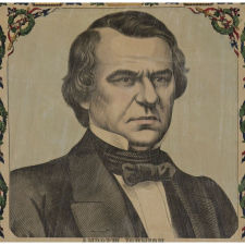 EXTRAORDINARILY RARE AND COLORFUL 1865 ANDREW JOHNSON BROADSIDE FEATURING HIM AS A SITTING PRESIDENT, SURROUNDED BY A HOST OF CIVIL WAR HEROS