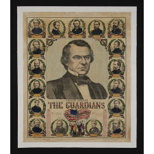 EXTRAORDINARILY RARE AND COLORFUL 1865 ANDREW JOHNSON BROADSIDE FEATURING HIM AS A SITTING PRESIDENT, SURROUNDED BY A HOST OF CIVIL WAR HEROS