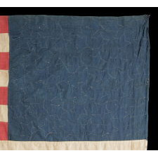 45 HAND-SEWN STARS ON A DENIM BLUE CANTON, WITH GREAT FOLK QUALITIES, ON A HOMEMADE FLAG OF THE 1896-1908 PERIOD, SPANISH-AMERICAN WAR ERA, UTAH STATEHOOD