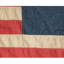 45 HAND-SEWN STARS ON A DENIM BLUE CANTON, WITH GREAT FOLK QUALITIES, ON A HOMEMADE FLAG OF THE 1896-1908 PERIOD, SPANISH-AMERICAN WAR ERA, UTAH STATEHOOD