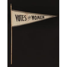 TRIANGULAR SUFFRAGETTE PENNANT ON ITS ORIGINAL STAFF, AN UNUSUAL EXAMPLE ON A WHITE GROUND AND THE ONE I HAVE ENCOUNTERED IN THIS PARTICULAR DESIGN, 1910-1920