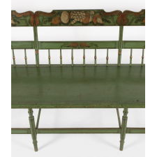 MID-19TH CENTURY, PLANK SEAT, PAINT-DECORATED SETTEE IN APPLE GREEN WITH BELL FLOWERS, GRAPES & FLORA, 1845-1865