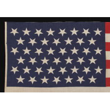 45 STARS IN LINEAR ROWS, WITH “DANCING” OR “TUMBLING” ORIENTATION, ON A LARGE SCALE PARADE FLAG WITH AN ELONGATED PROFILE, 1896-1908, SPANISH-AMERICAN WAR ERA, UTAH STATEHOOD