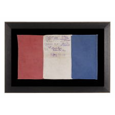 REMARKABLE FRENCH FLAG WITH AMERICAN SALUTATIONS, WAVED AND SIGNED BY MEMBERS OF THE HENRY FAMILY IN THANKFUL CELEBRATION OF THEIR LIBERATION FROM THE NAZIS DURING WWII, 1944-45