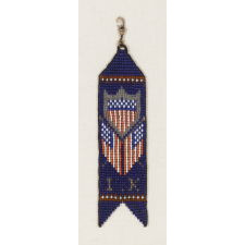 NATIVE AMERICAN BEADED WATCH FOB WITH A FEDERAL SHIELD AND CROSSED AMERICAN FLAGS, 1890-1910