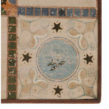 LARGE 19TH CENTURY AMERICAN PARCHEESI BOARD WITH 10 COLORS OF POLYCHROME PAINT AND EXUBERANT GRAPHICS, POSSIBLY YORK COUNTY, PENNSYLVANIA, CA 1880-90